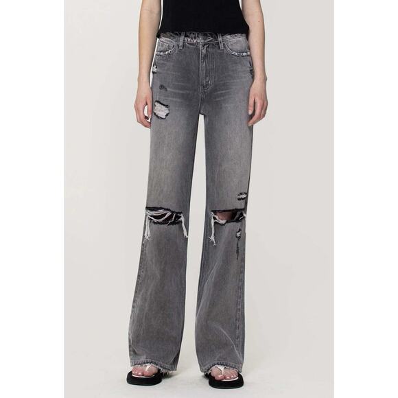 VERVET Gray Wash 90’s Vintage Super High Rise Distressed Flare Jeans - Picture 2 of 6